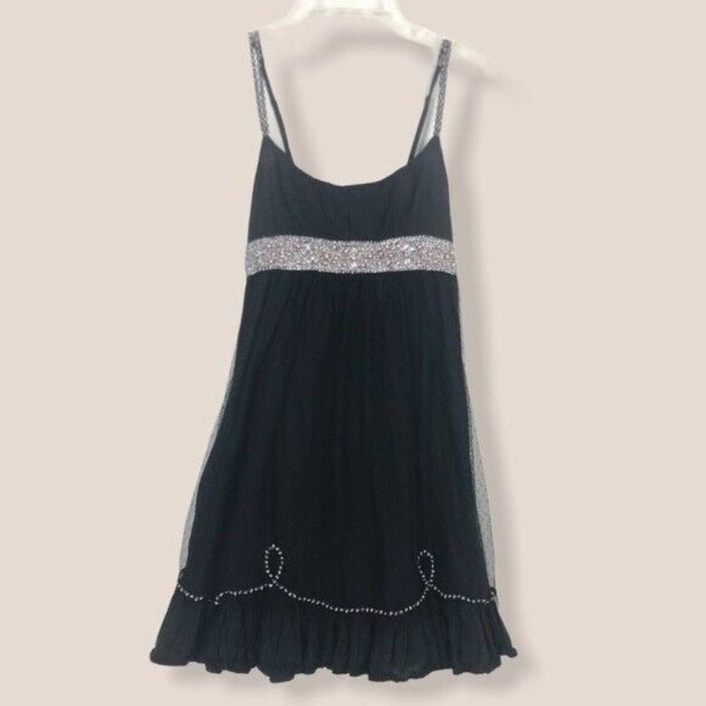 Free People Babydoll Rhinestone and Pearl Dress Spaghetti Straps Black Size 6